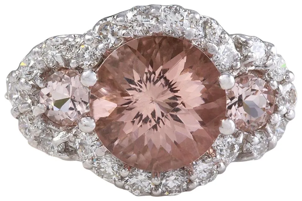 4.90 Carats Exquisite Natural Peach Morganite and Diamond 14K Solid White Gold Ring