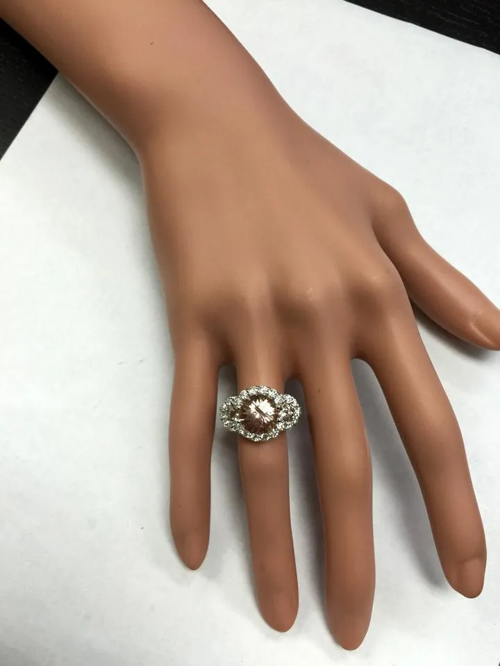 4.90 Carats Exquisite Natural Peach Morganite and Diamond 14K Solid White Gold Ring