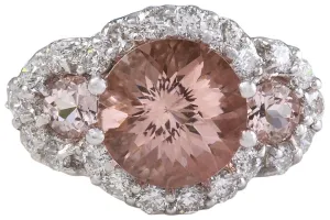 4.90 Carats Exquisite Natural Peach Morganite and Diamond 14K Solid White Gold Ring