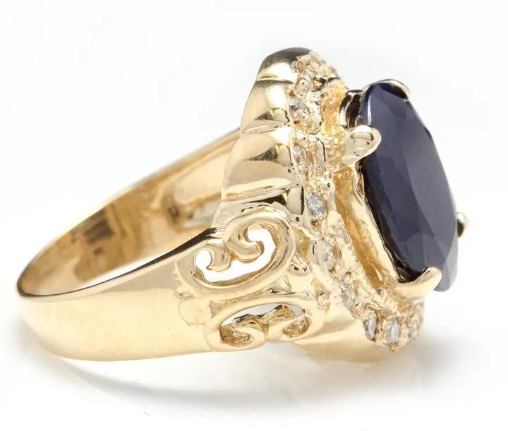 8.00 Carats Exquisite Natural Blue Sapphire and Diamond 14K Solid Yellow Gold Ring