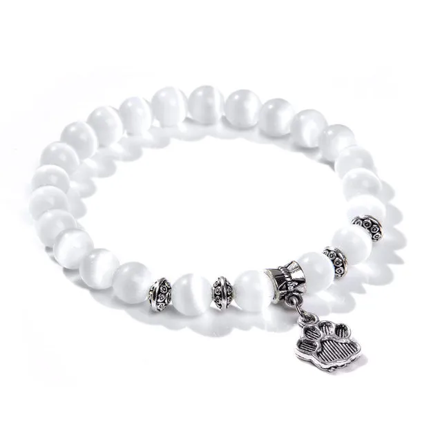 8mm white Cat Eye stone Beads Bracelet with Lucky dragonfly Dog claw butterfly Pendant Charms Strand Bracelets For Women female