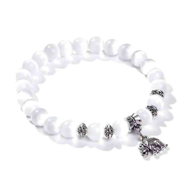8mm white Cat Eye stone Beads Bracelet with Lucky dragonfly Dog claw butterfly Pendant Charms Strand Bracelets For Women female