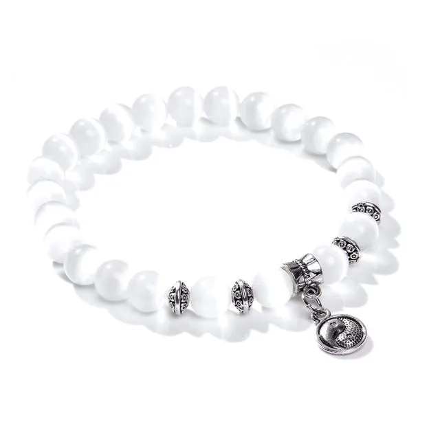 8mm white Cat Eye stone Beads Bracelet with Lucky dragonfly Dog claw butterfly Pendant Charms Strand Bracelets For Women female