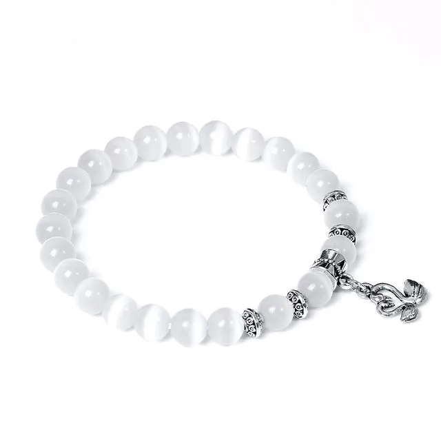 8mm white Cat Eye stone Beads Bracelet with Lucky dragonfly Dog claw butterfly Pendant Charms Strand Bracelets For Women female