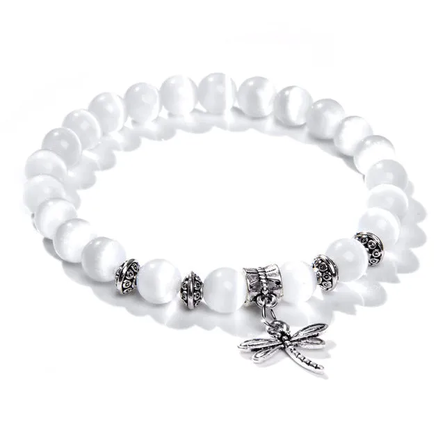 8mm white Cat Eye stone Beads Bracelet with Lucky dragonfly Dog claw butterfly Pendant Charms Strand Bracelets For Women female