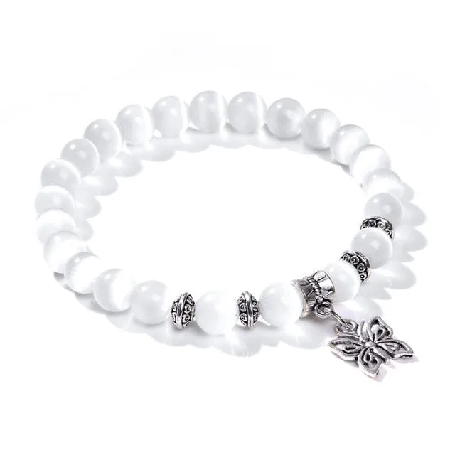 8mm white Cat Eye stone Beads Bracelet with Lucky dragonfly Dog claw butterfly Pendant Charms Strand Bracelets For Women female