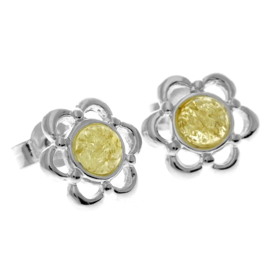 925 Sterling Silver & Genuine Baltic Amber Classic Flowers Studs Earrings - 8013
