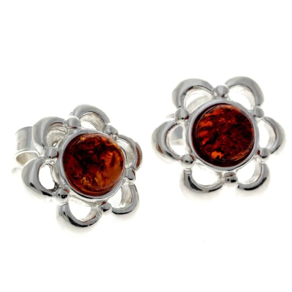 925 Sterling Silver & Genuine Baltic Amber Classic Flowers Studs Earrings - 8013