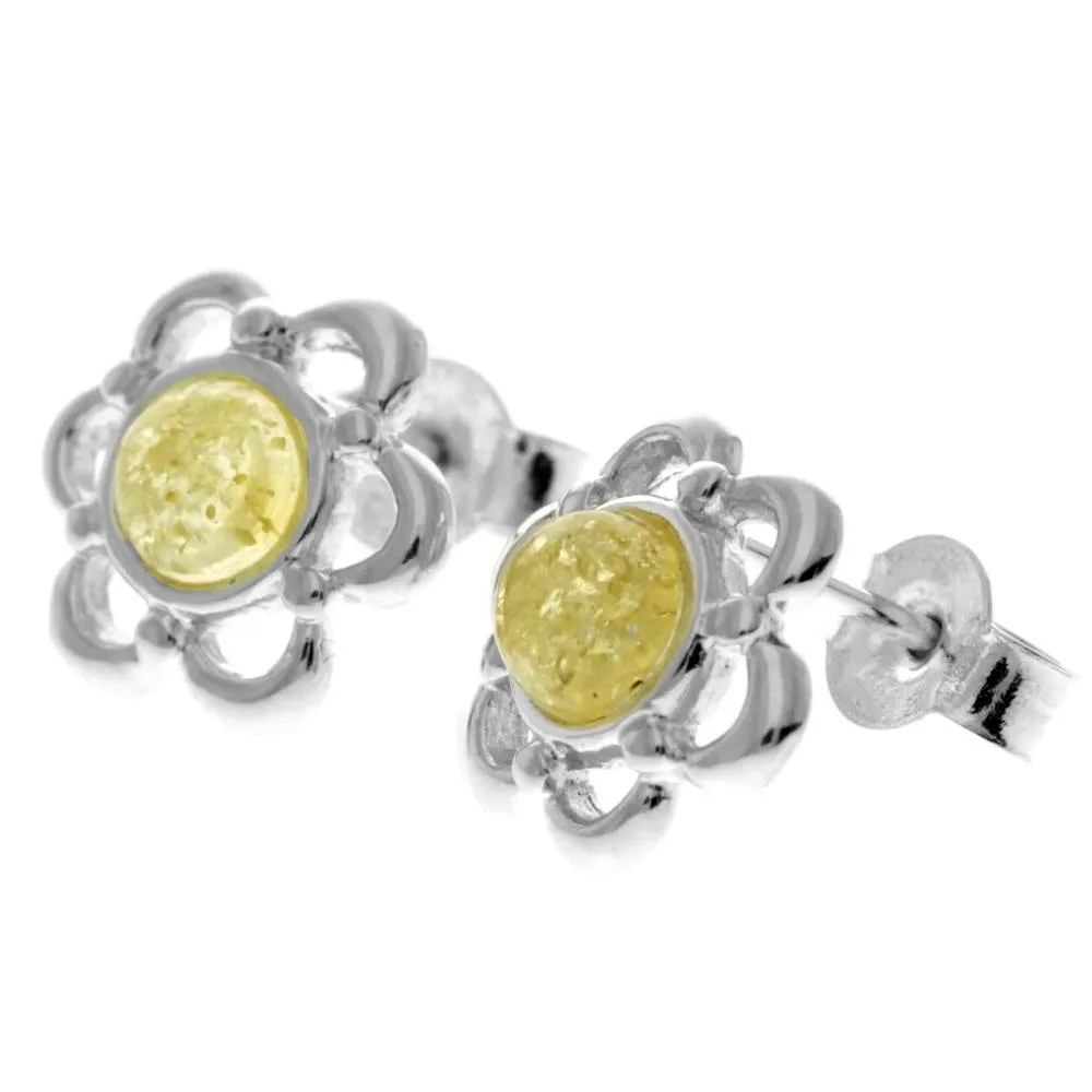 925 Sterling Silver & Genuine Baltic Amber Classic Flowers Studs Earrings - 8013