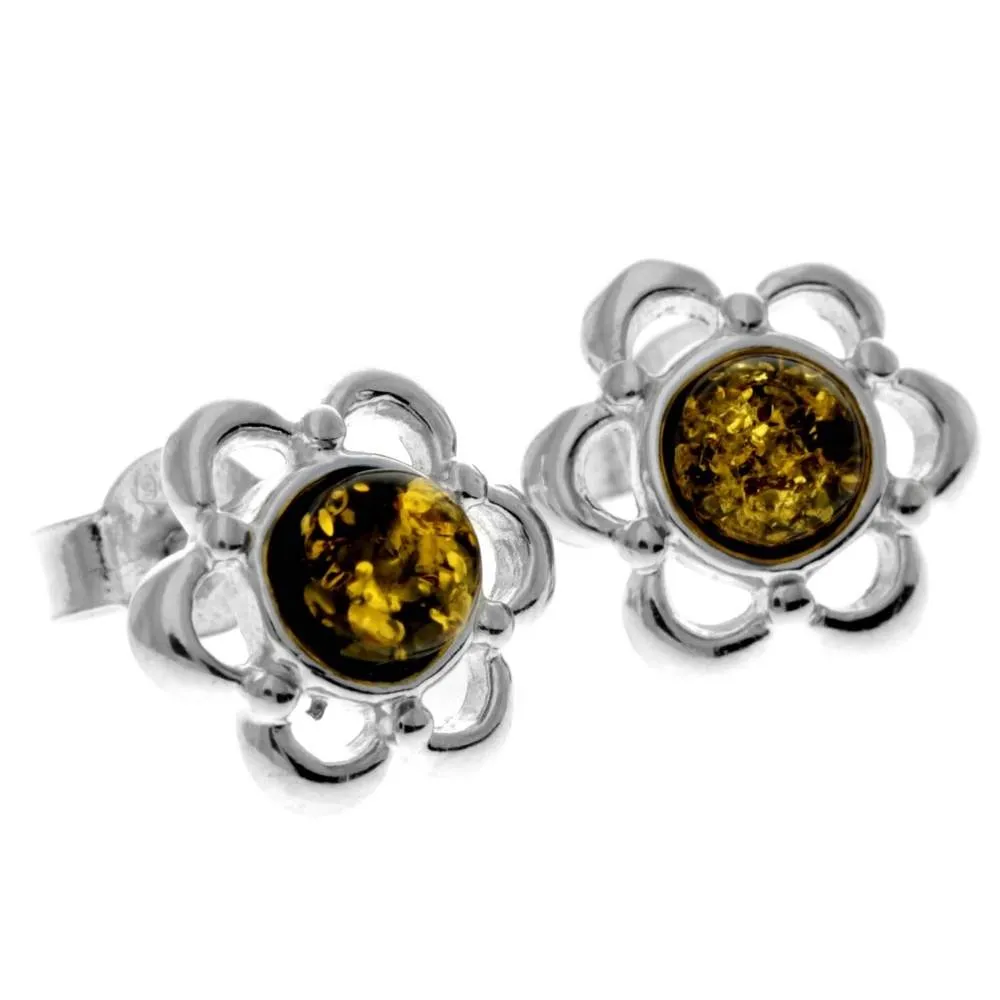 925 Sterling Silver & Genuine Baltic Amber Classic Flowers Studs Earrings - 8013