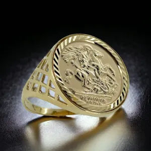 9ct Yellow Gold St George Half Sovereign Ring Size S/T/V
