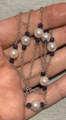Akoya Pearl Sapphire Necklace 14k Gold 8.5 mm 21.5" Certified $2,450 721477