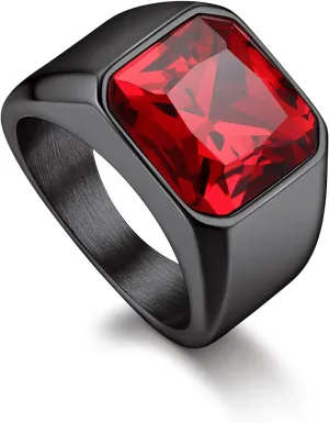 Bandmax Gemstone Signet Rings for Men, Stainless Steel Fancy Cut Cubic Zirconia Rings Blue Topaz/Emerald/Black Onyx/Ruby Ring Statement Ring Wedding Ring Size 7-14
