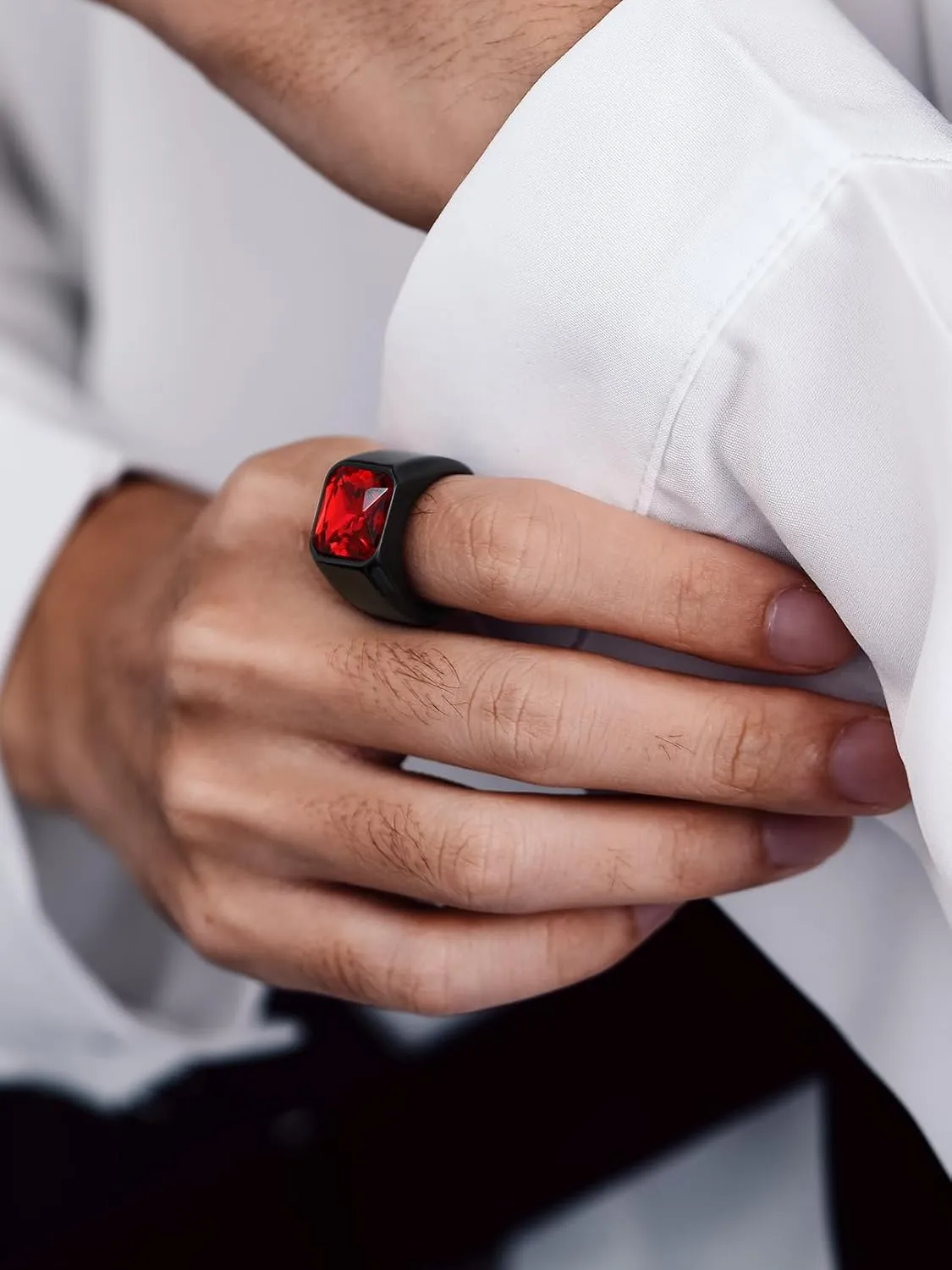 Bandmax Gemstone Signet Rings for Men, Stainless Steel Fancy Cut Cubic Zirconia Rings Blue Topaz/Emerald/Black Onyx/Ruby Ring Statement Ring Wedding Ring Size 7-14