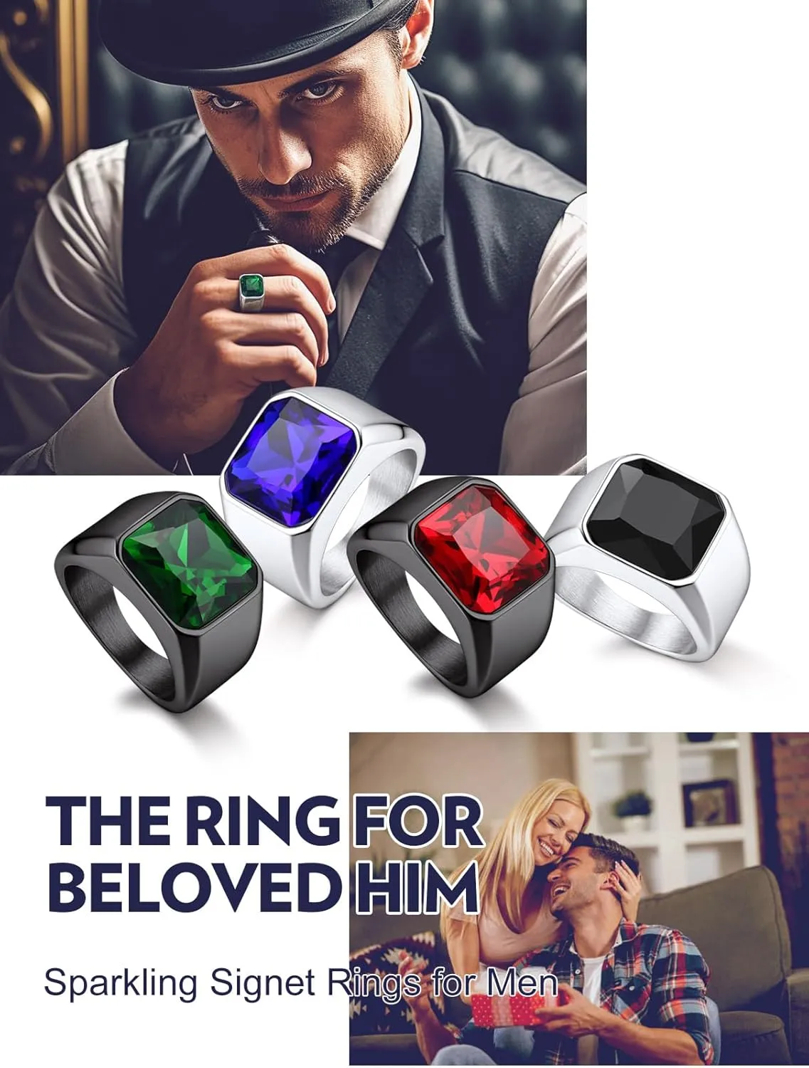 Bandmax Gemstone Signet Rings for Men, Stainless Steel Fancy Cut Cubic Zirconia Rings Blue Topaz/Emerald/Black Onyx/Ruby Ring Statement Ring Wedding Ring Size 7-14