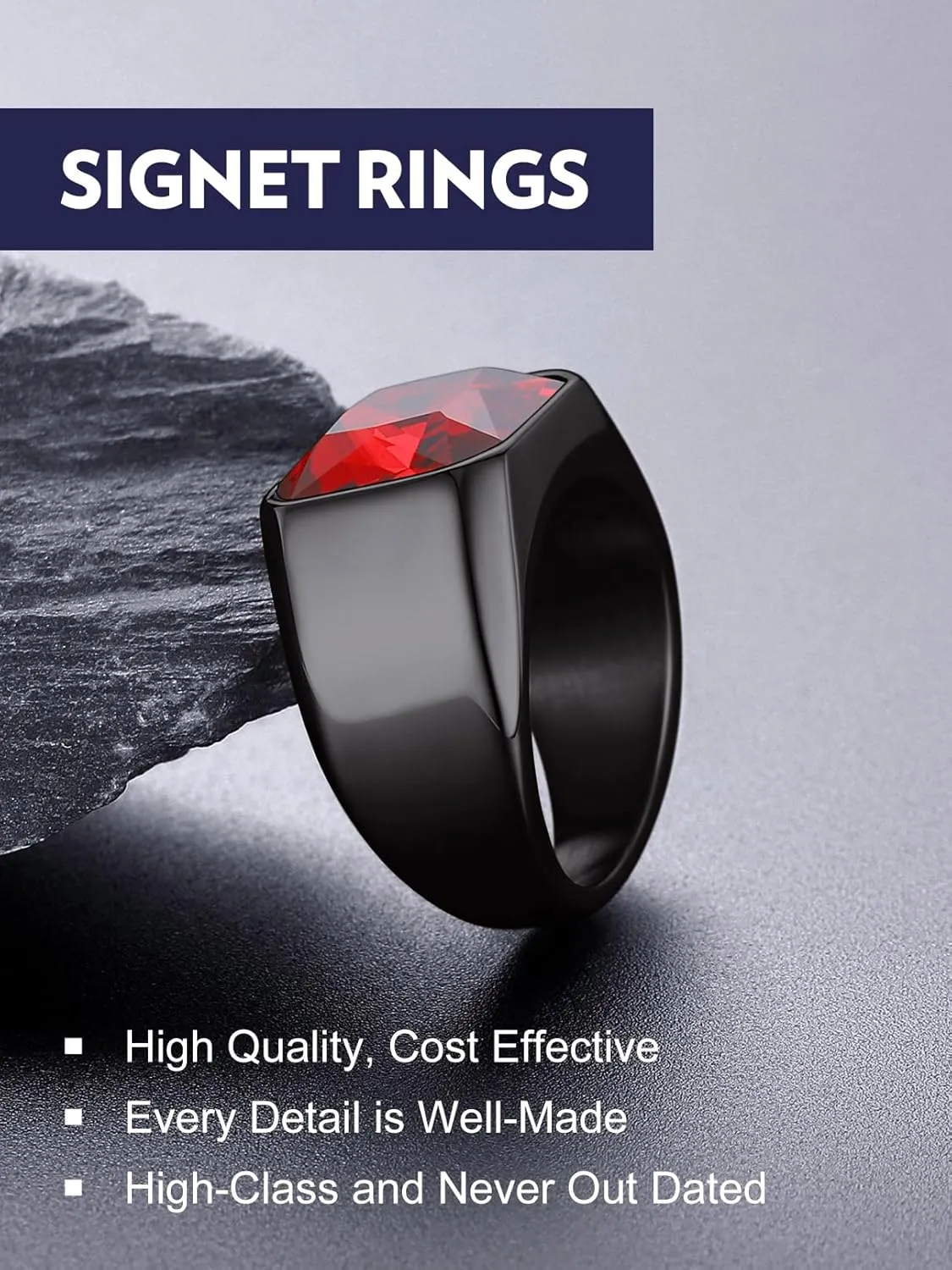 Bandmax Gemstone Signet Rings for Men, Stainless Steel Fancy Cut Cubic Zirconia Rings Blue Topaz/Emerald/Black Onyx/Ruby Ring Statement Ring Wedding Ring Size 7-14