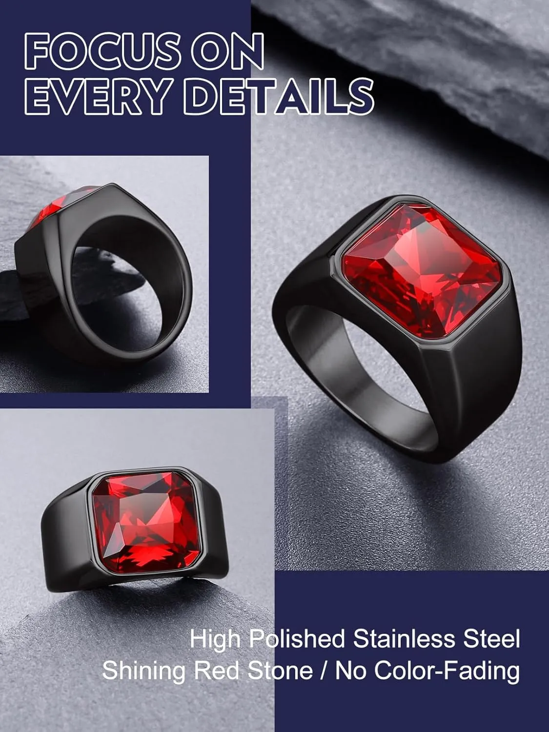 Bandmax Gemstone Signet Rings for Men, Stainless Steel Fancy Cut Cubic Zirconia Rings Blue Topaz/Emerald/Black Onyx/Ruby Ring Statement Ring Wedding Ring Size 7-14