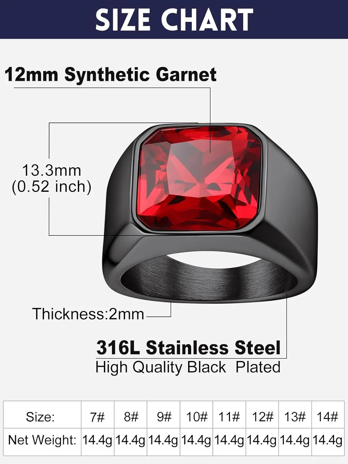 Bandmax Gemstone Signet Rings for Men, Stainless Steel Fancy Cut Cubic Zirconia Rings Blue Topaz/Emerald/Black Onyx/Ruby Ring Statement Ring Wedding Ring Size 7-14