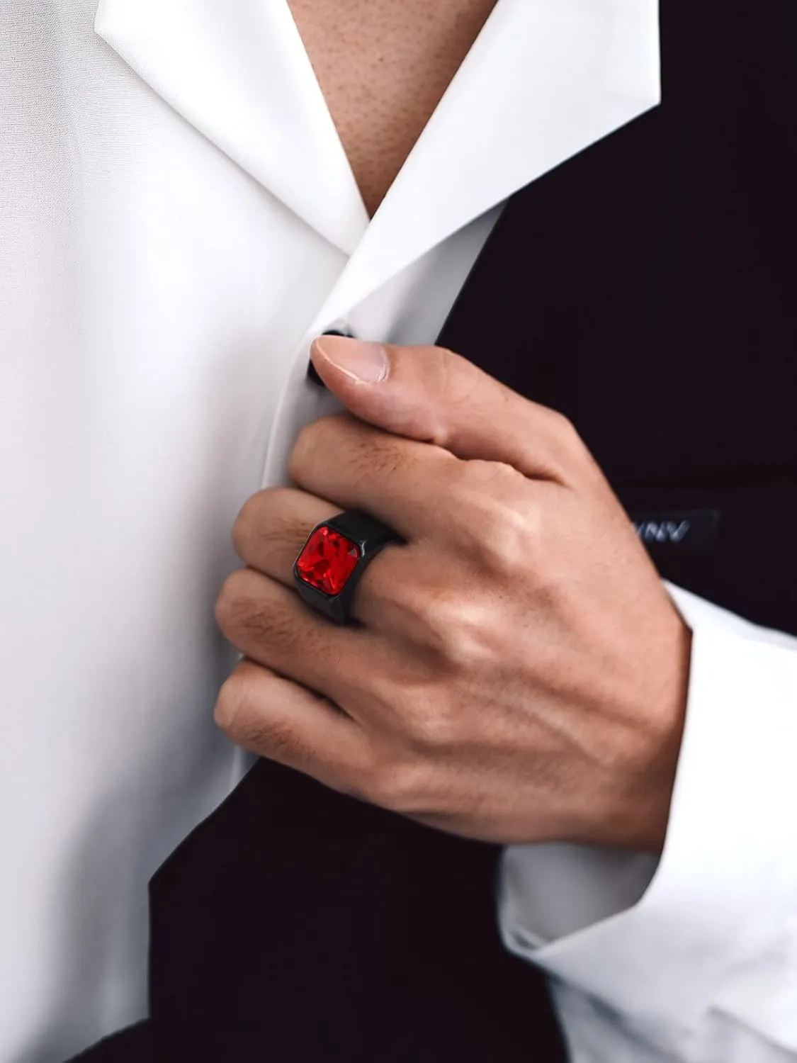 Bandmax Gemstone Signet Rings for Men, Stainless Steel Fancy Cut Cubic Zirconia Rings Blue Topaz/Emerald/Black Onyx/Ruby Ring Statement Ring Wedding Ring Size 7-14