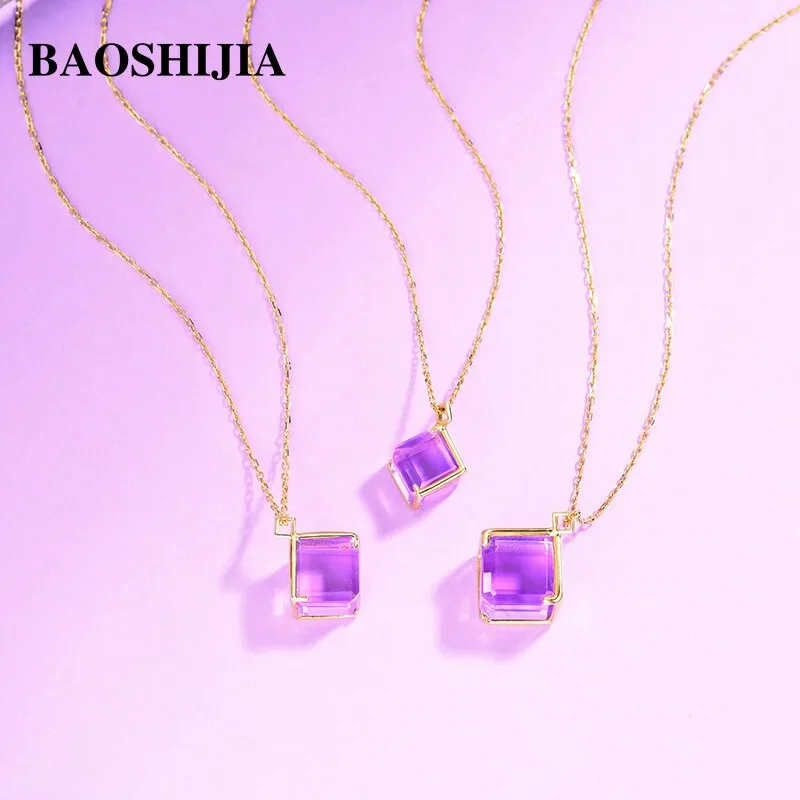 BAOSHIJIA Solid 18k Yellow Gold Fashion Amethyst Necklace Pendant Solitaire Jewelry Gemstone Chain Elegant Luxurious