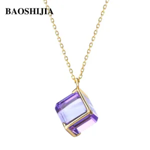 BAOSHIJIA Solid 18k Yellow Gold Fashion Amethyst Necklace Pendant Solitaire Jewelry Gemstone Chain Elegant Luxurious