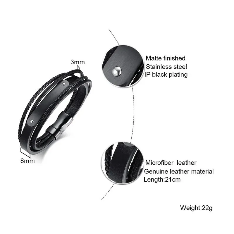 Black Genuine Leather Bracelet Men Jewelry