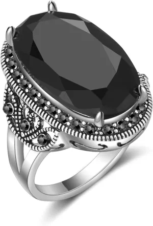 Black Rings for Women, Fashion Vintage Promise Wedding Statement Rings Band Marcasite Stone Cocktail Costume Hypoallergenic Jewelry for Women Gifts for Her