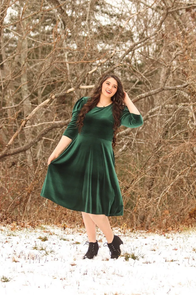 Capri Emerald Velvet Puff Sleeve Dress