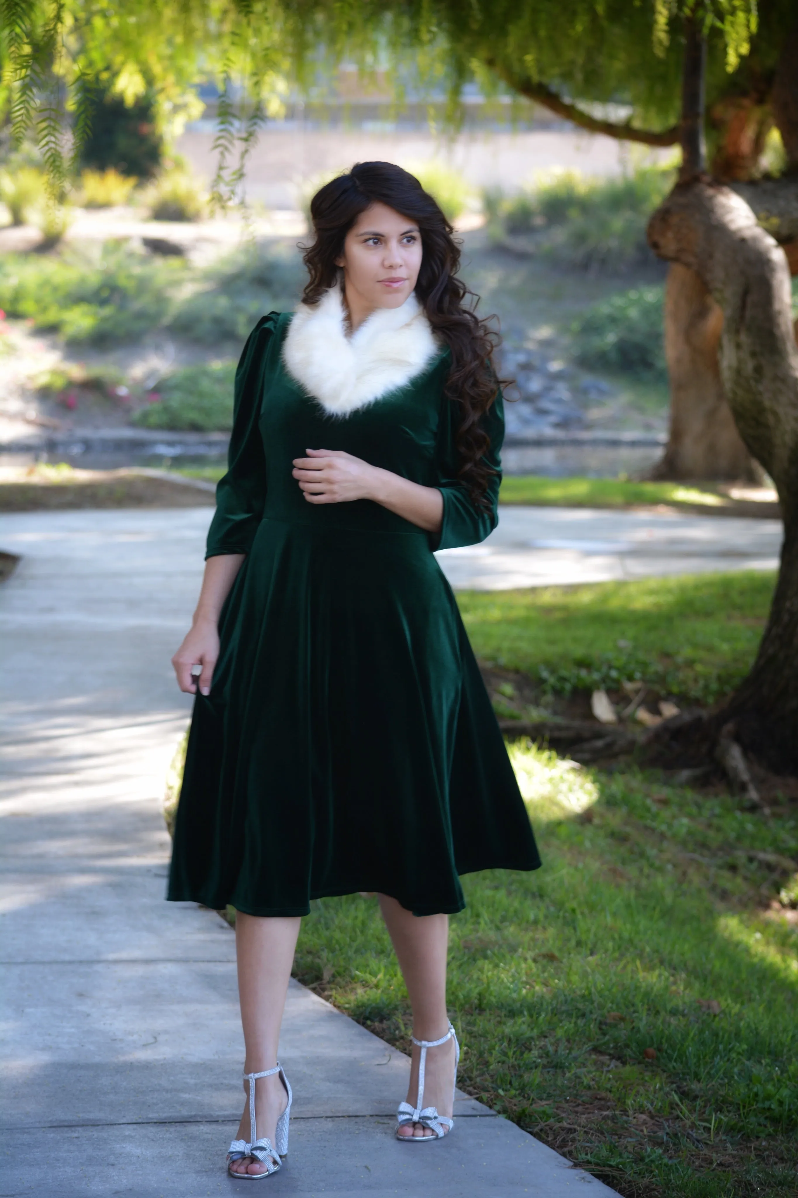 Capri Emerald Velvet Puff Sleeve Dress