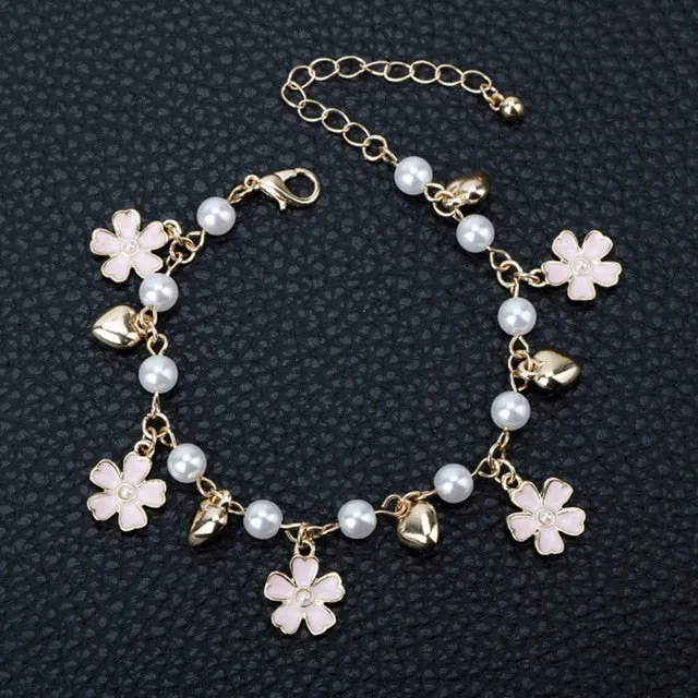 Cartoon Anime Sailor Moon Charm Bracelet Cardcaptor Sakura Flower Pearls Chain Wristlet Bangle Cosplay Gifts for Women Girl Kid