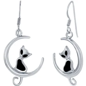Classic Women's Earrings - Sterling Silver Created Black Onyx Cat on Moon | D-8031
