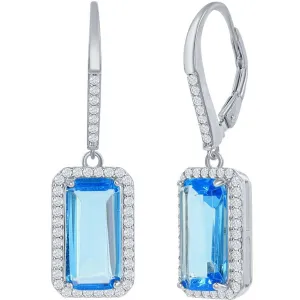 Classic Women's Earrings - Sterling Silver Emerald Cut Aqua CZ with Halo | D-7902