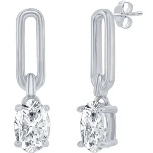 Classic Women's Earrings - Sterling Silver Paperclip Oval White CZ Post Back | D-8257