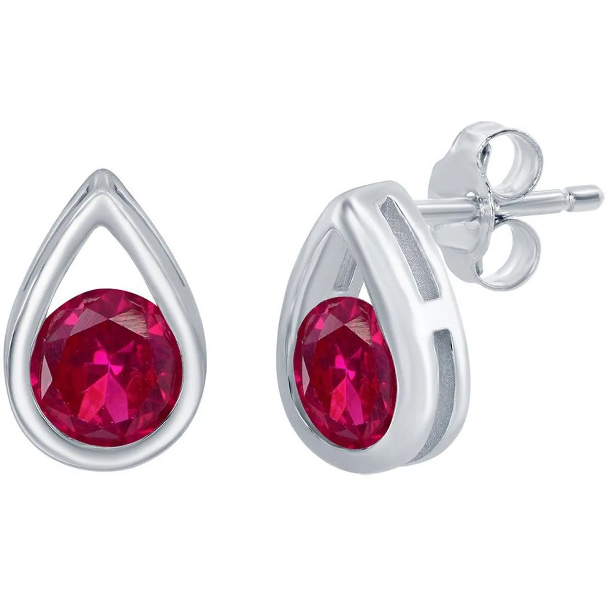 Classic Women's Earrings - Sterling Silver Pearshaped with Round Ruby Stud | D-8165
