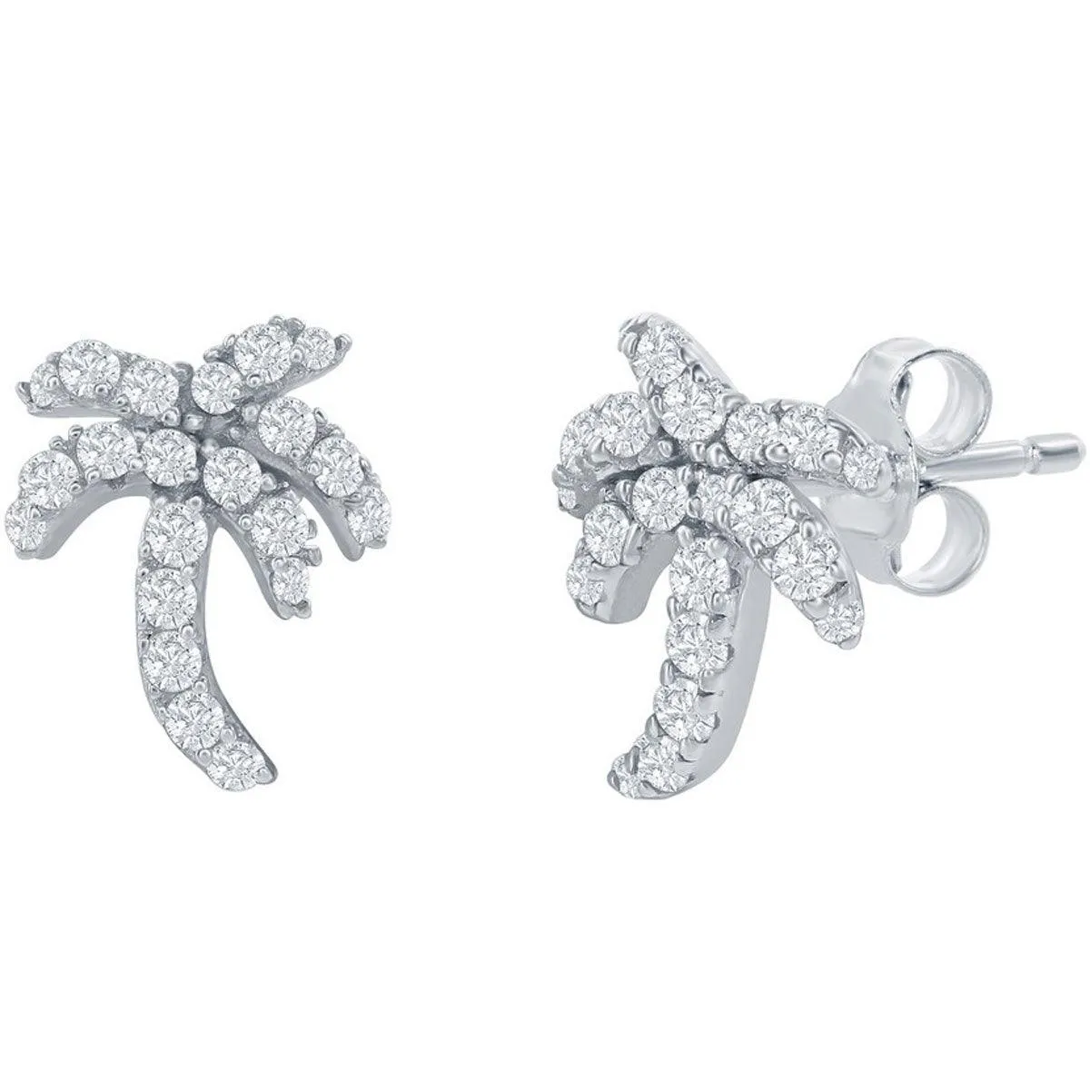 Classic Women's Earrings - Sterling Silver White CZ Palm Tree Stud Post Back | D-7987