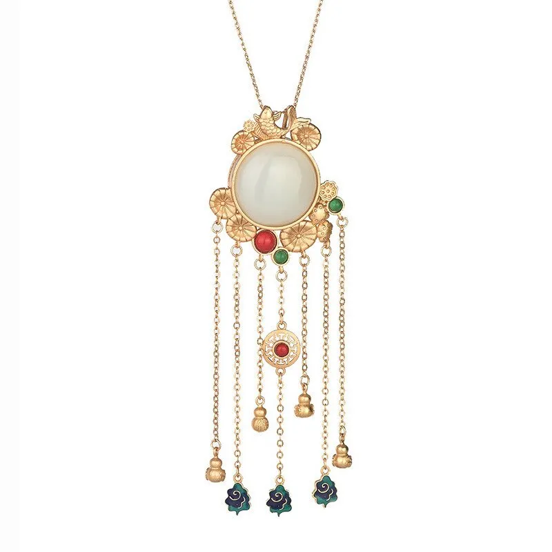 Creative Ancient Gold Craft inlaid enamel natural Hotan Jade tassel necklace