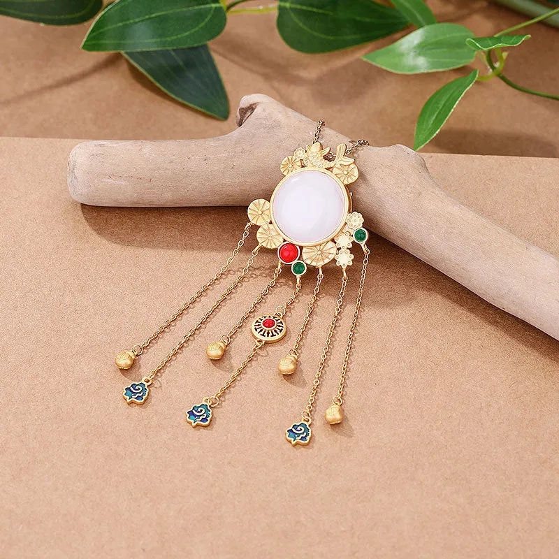 Creative Ancient Gold Craft inlaid enamel natural Hotan Jade tassel necklace
