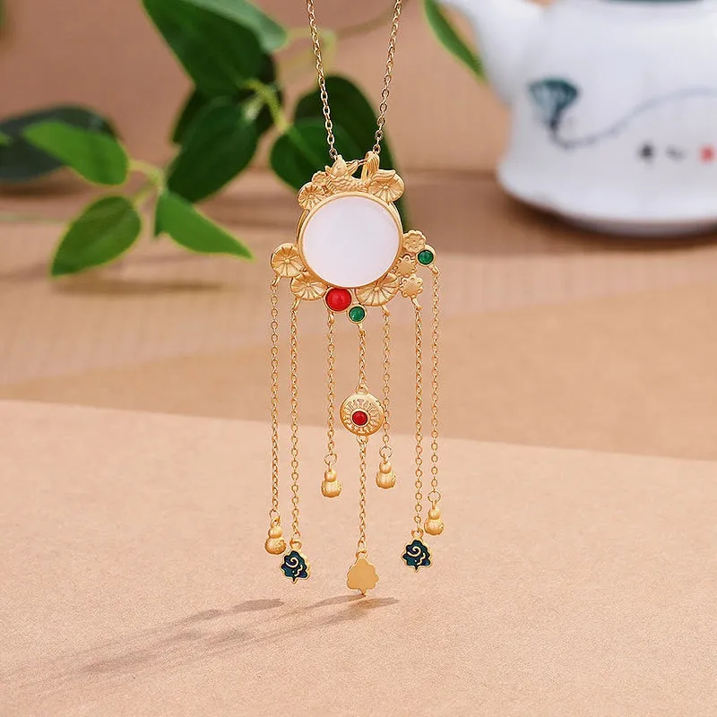 Creative Ancient Gold Craft inlaid enamel natural Hotan Jade tassel necklace