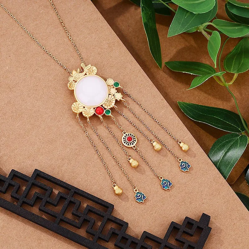 Creative Ancient Gold Craft inlaid enamel natural Hotan Jade tassel necklace