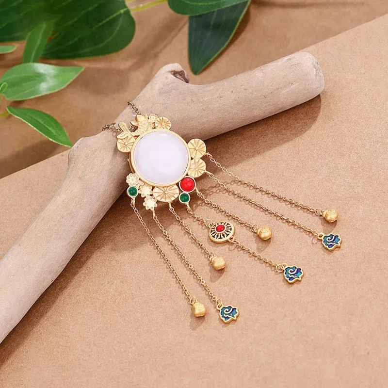 Creative Ancient Gold Craft inlaid enamel natural Hotan Jade tassel necklace