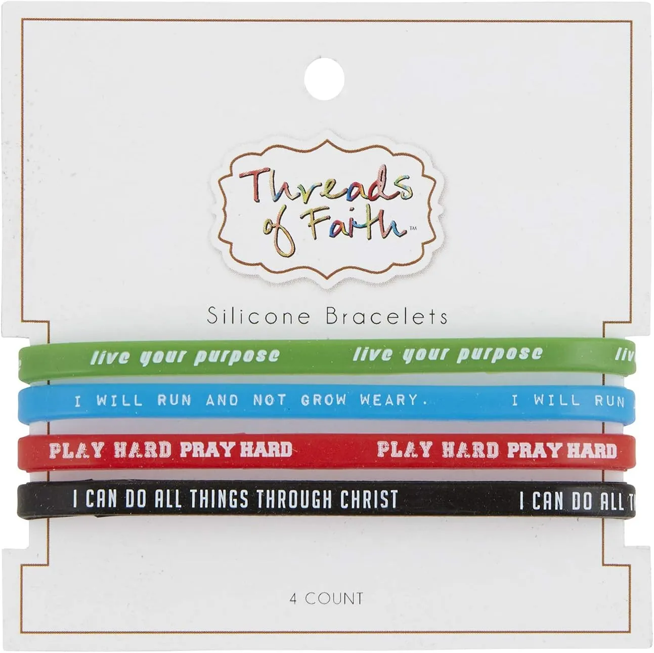 Creative Brands 4-Pack Bracelet Set - Faithworks Threads of Faith Silicone Wristband Bracelets, One Size, Live Your Purpose
