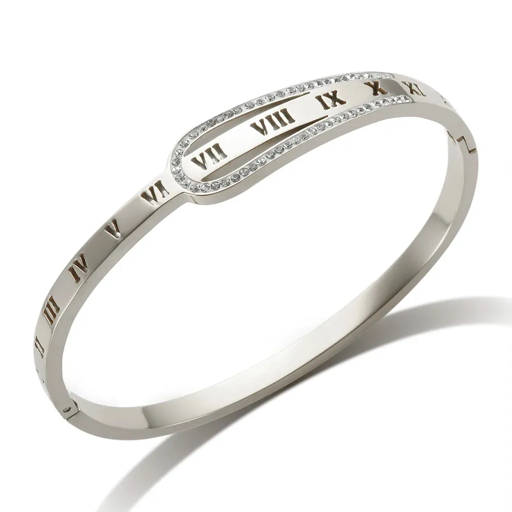 Crystal Zipper Design Bangle Hollow Roman Numerals Rhinestone Bracelets Jewelry