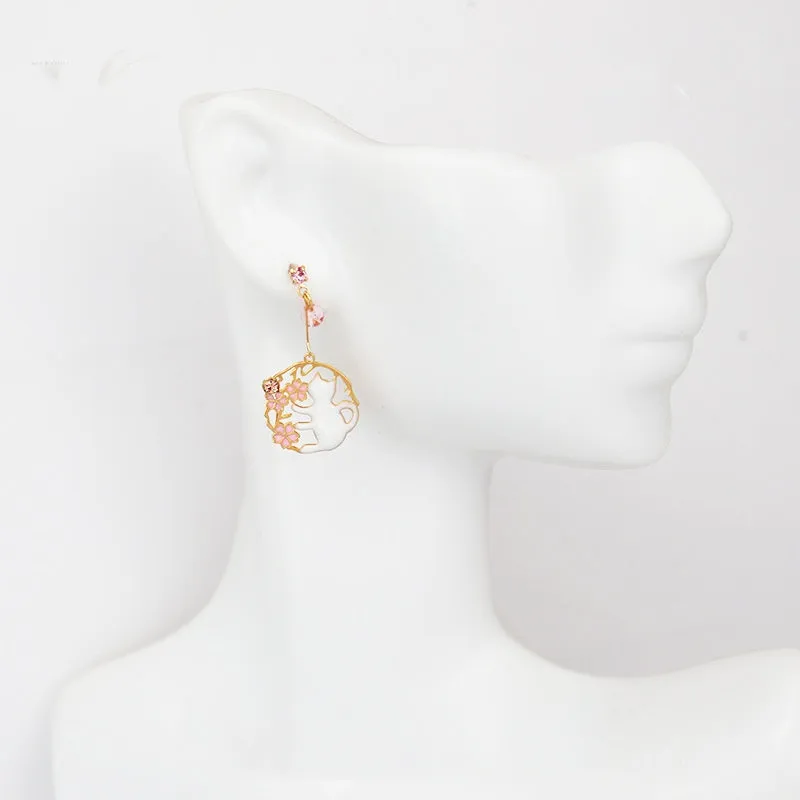 Dangle White Cats Pink Cherry Blossom Flower Gold Invisible Clip On Earrings