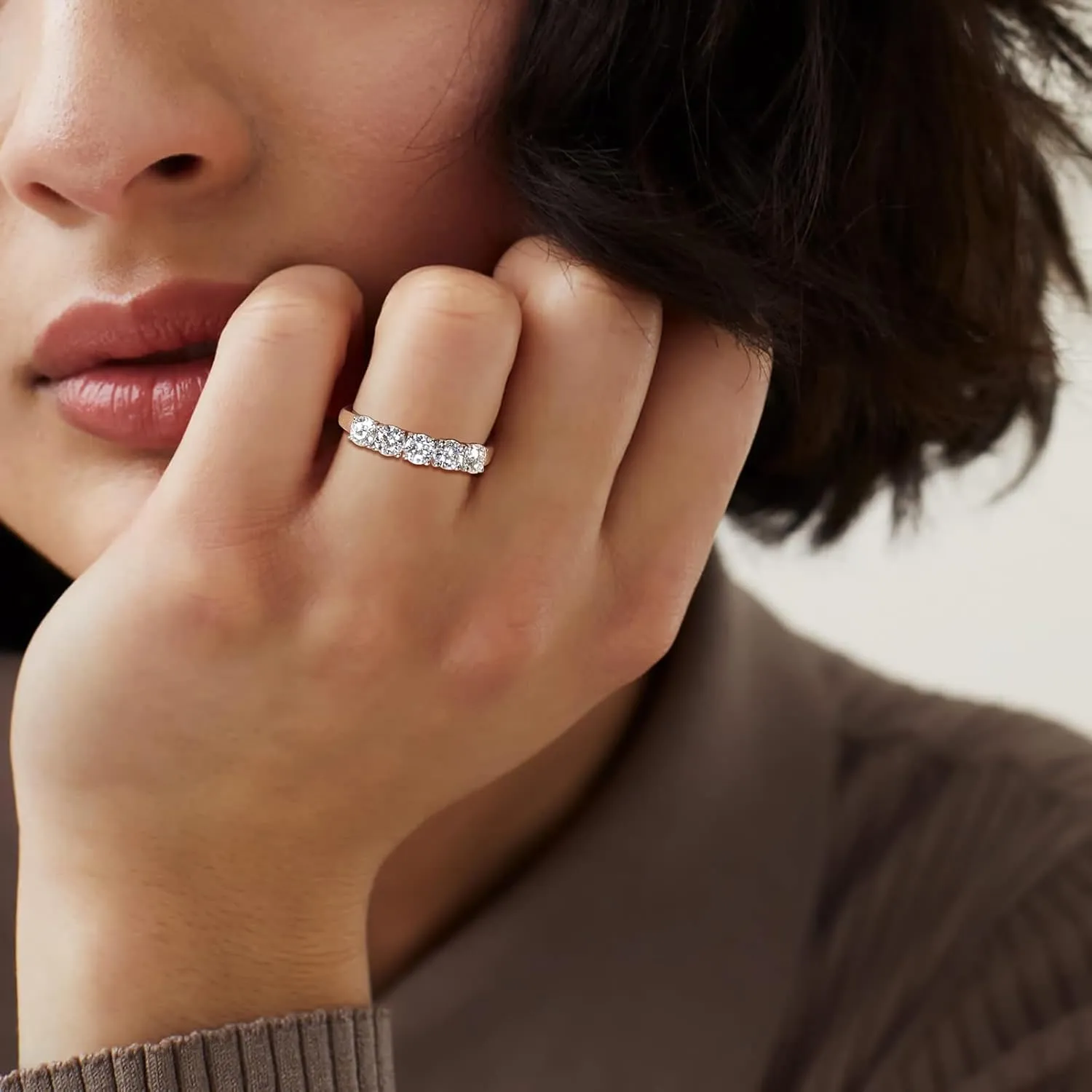 DAYBYDAY 5 Stone Wedding Bands for Women, S925 Sterling Silver Created Ruby/Sapphire/Emerald/Amethyst/Aquamarine/Moissanite Half Eternity Anniversary Rings, Birthstone Jewelry for Wife Mom Grandma Birthday