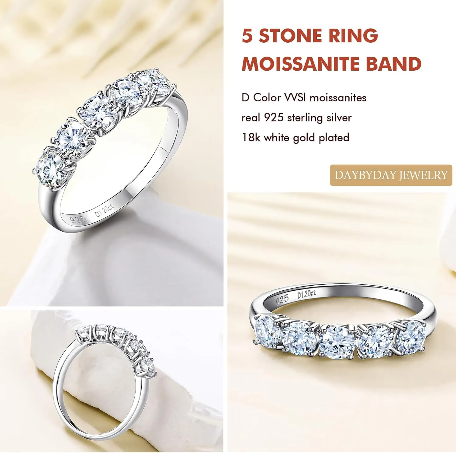 DAYBYDAY 5 Stone Wedding Bands for Women, S925 Sterling Silver Created Ruby/Sapphire/Emerald/Amethyst/Aquamarine/Moissanite Half Eternity Anniversary Rings, Birthstone Jewelry for Wife Mom Grandma Birthday