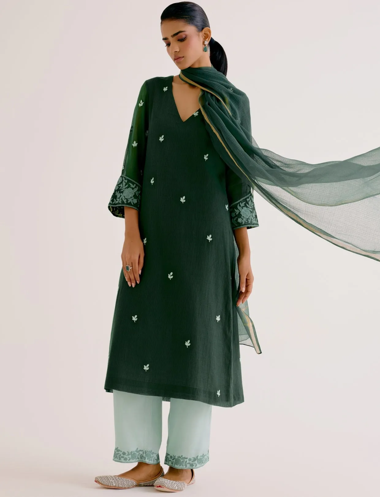 Emerald Green Kota Dori Embroidered Kurta Set