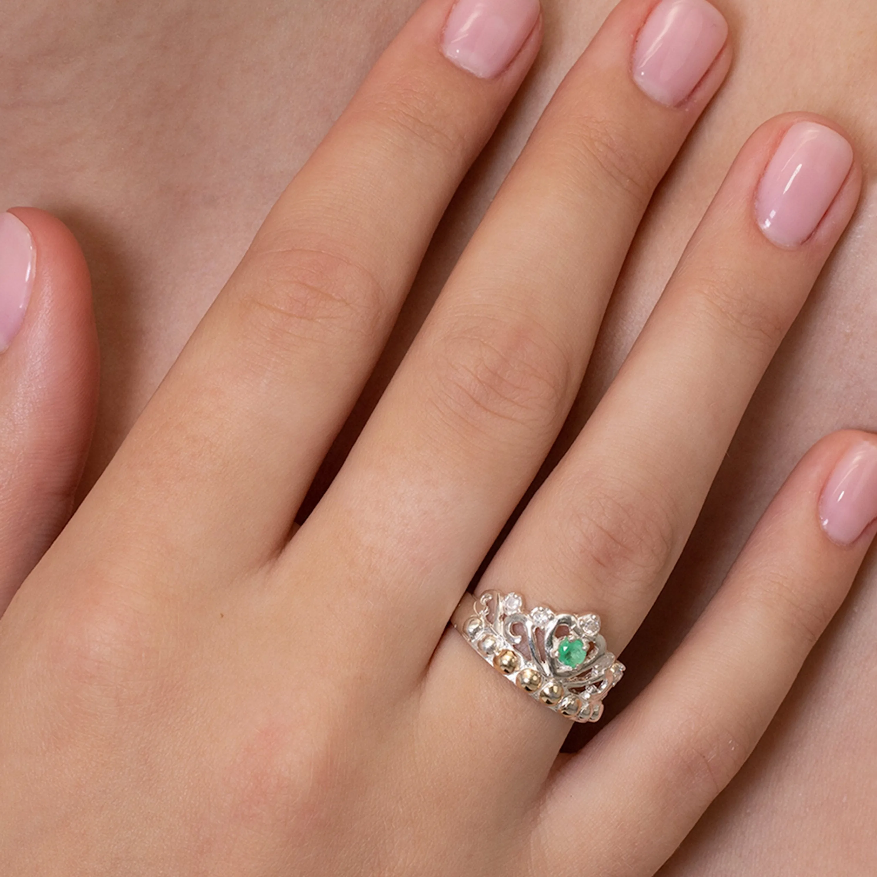 Emerald, sterling silver, Colombian emerald, cubic zirconian crown ring