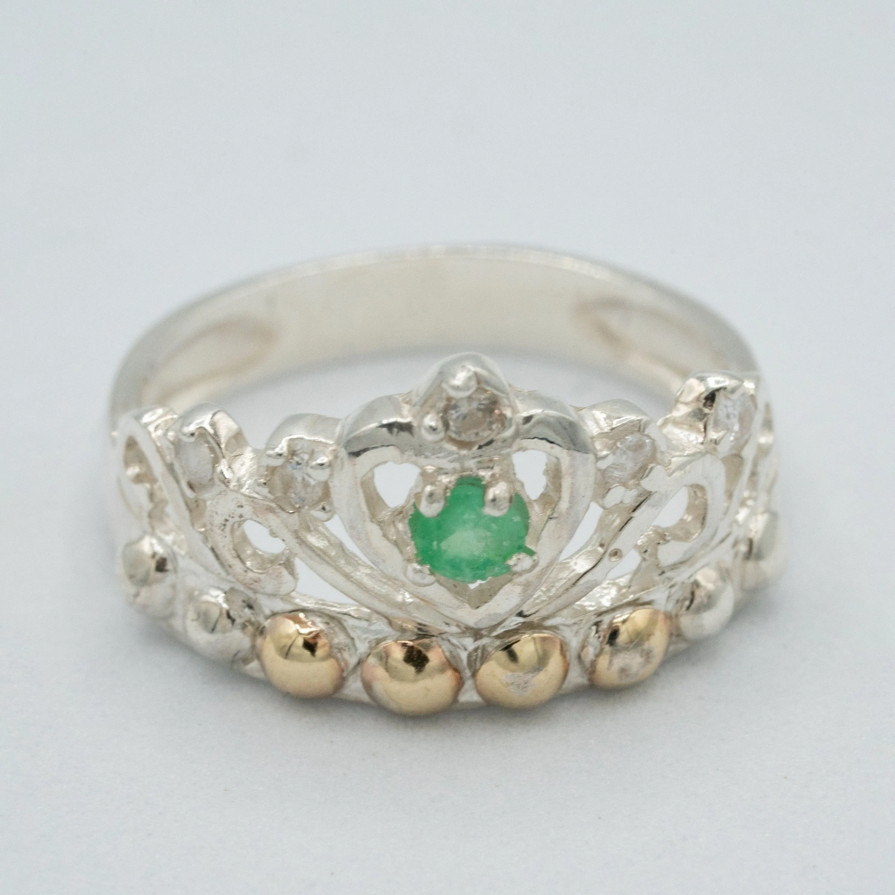 Emerald, sterling silver, Colombian emerald, cubic zirconian crown ring