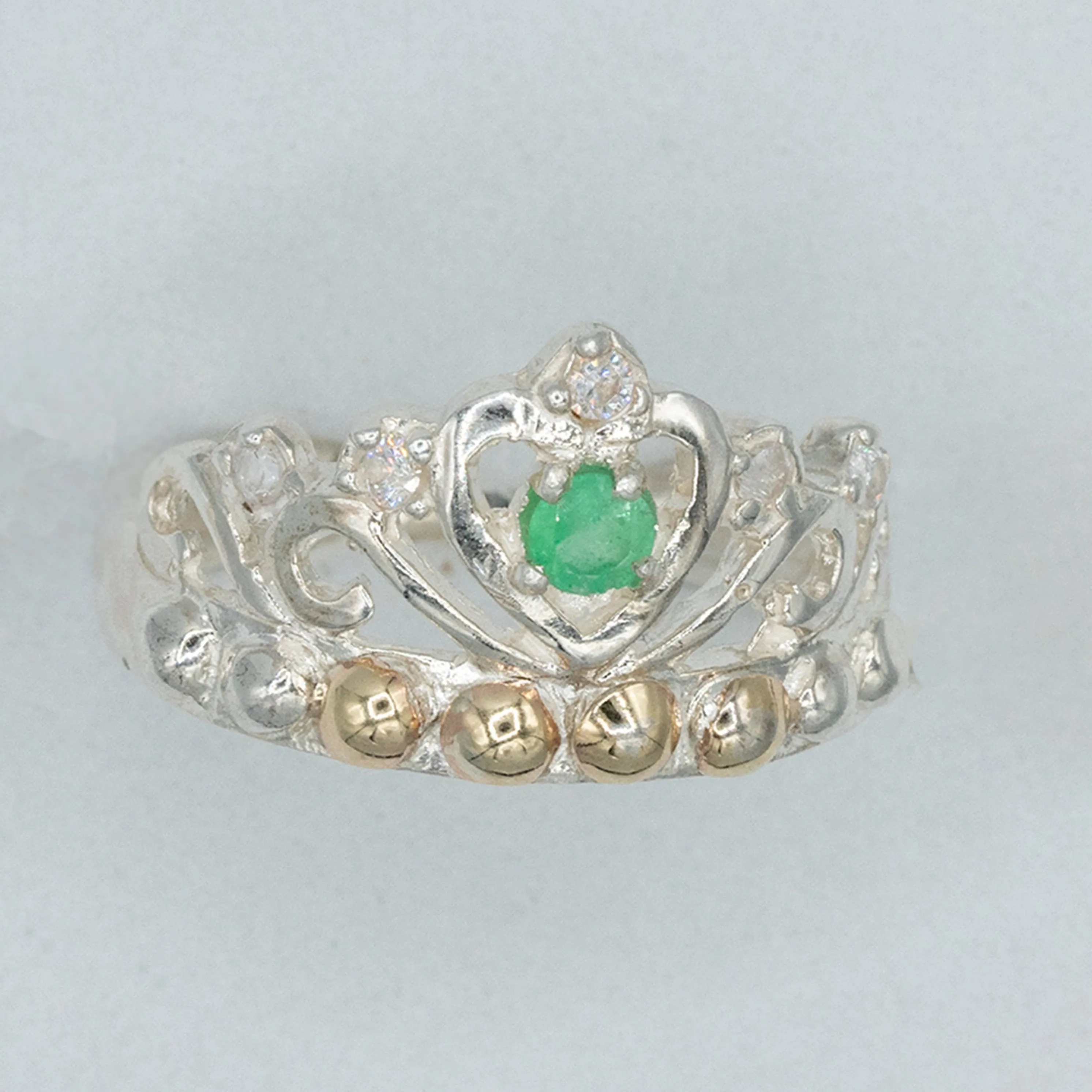 Emerald, sterling silver, Colombian emerald, cubic zirconian crown ring