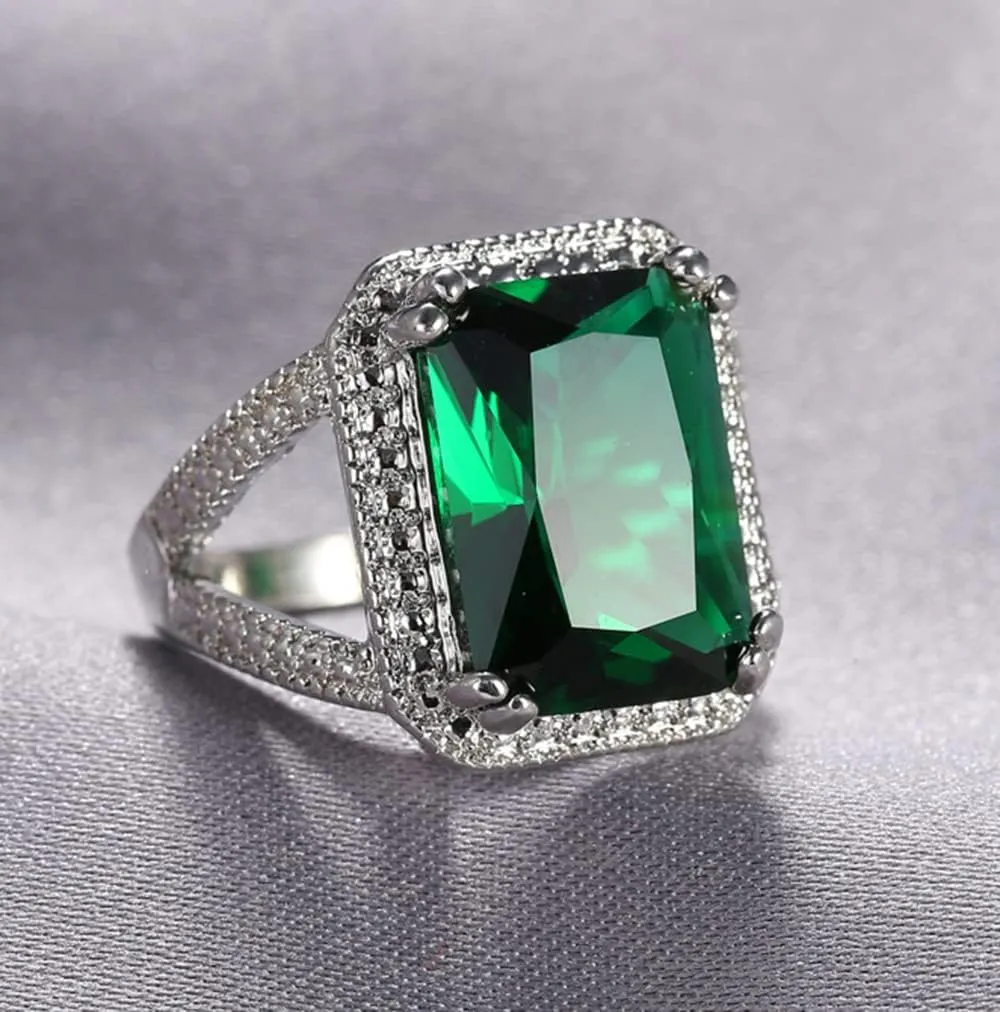Fashion Jewelry 14k Platinum Filled Perfect Princess Cut Square Emerald Gemstone Birthstone Wedding Bridal Band Ring for Women